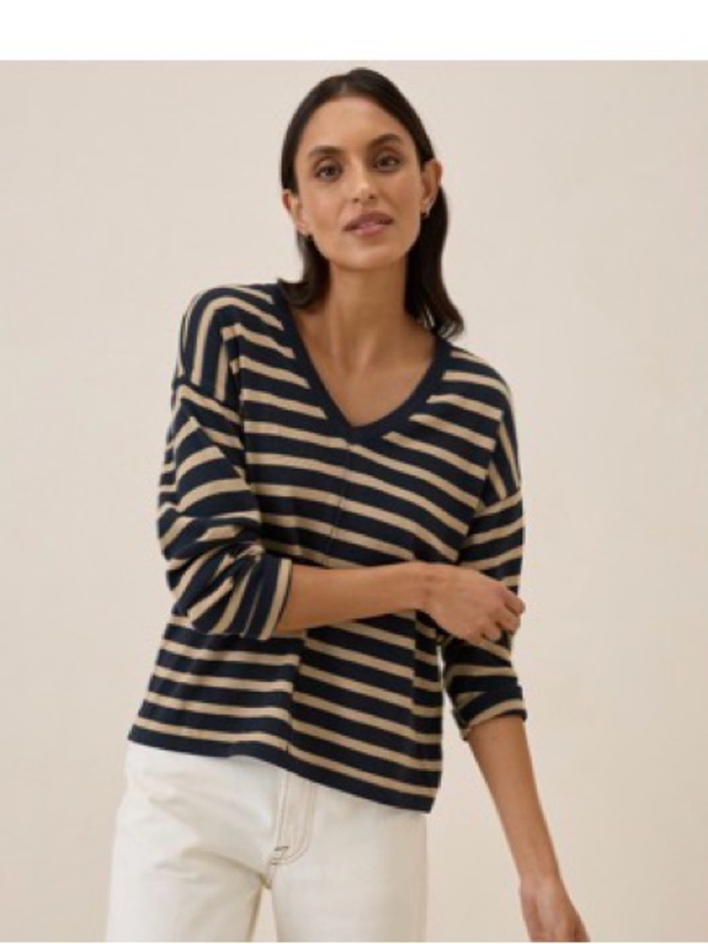 Pact Navy and Tan Striped V-Neck Sweatshirt